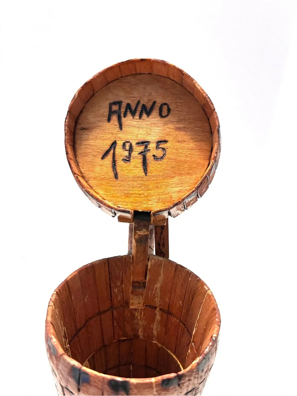 Vintage (1975) handmade, rustic wooden beer tankard